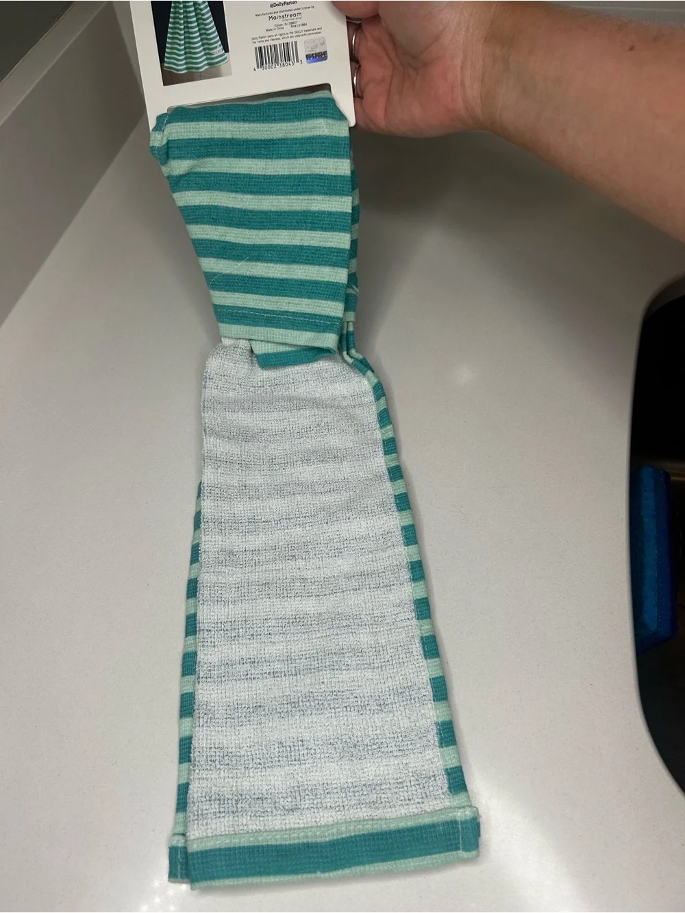 NWT Dolly Parton Striped Teal Snap-Closure Towel with Butterfly Embroidery